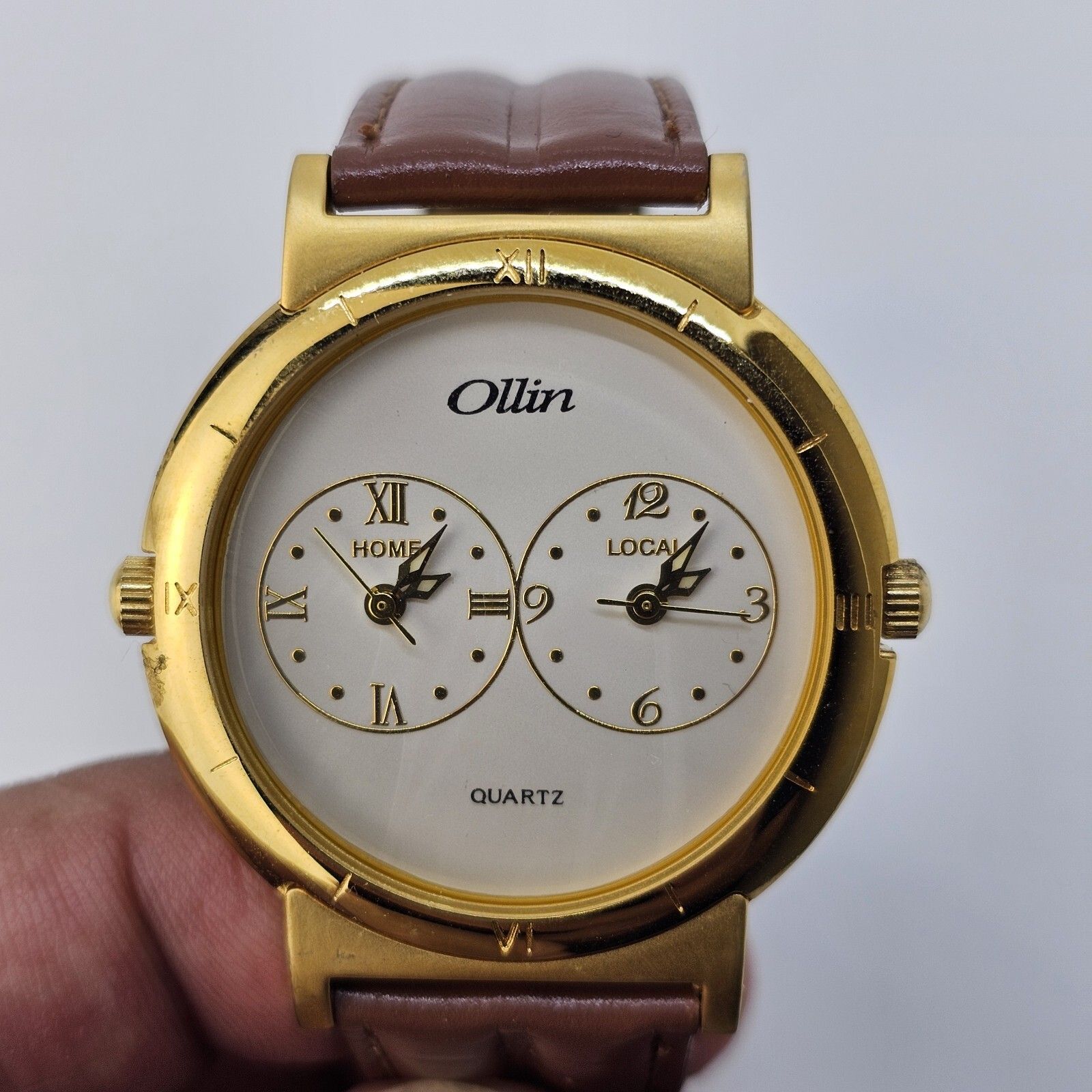 Ollin Dual Time Womens Watch 38mm White Dial Brown Leather Bands New Batteries